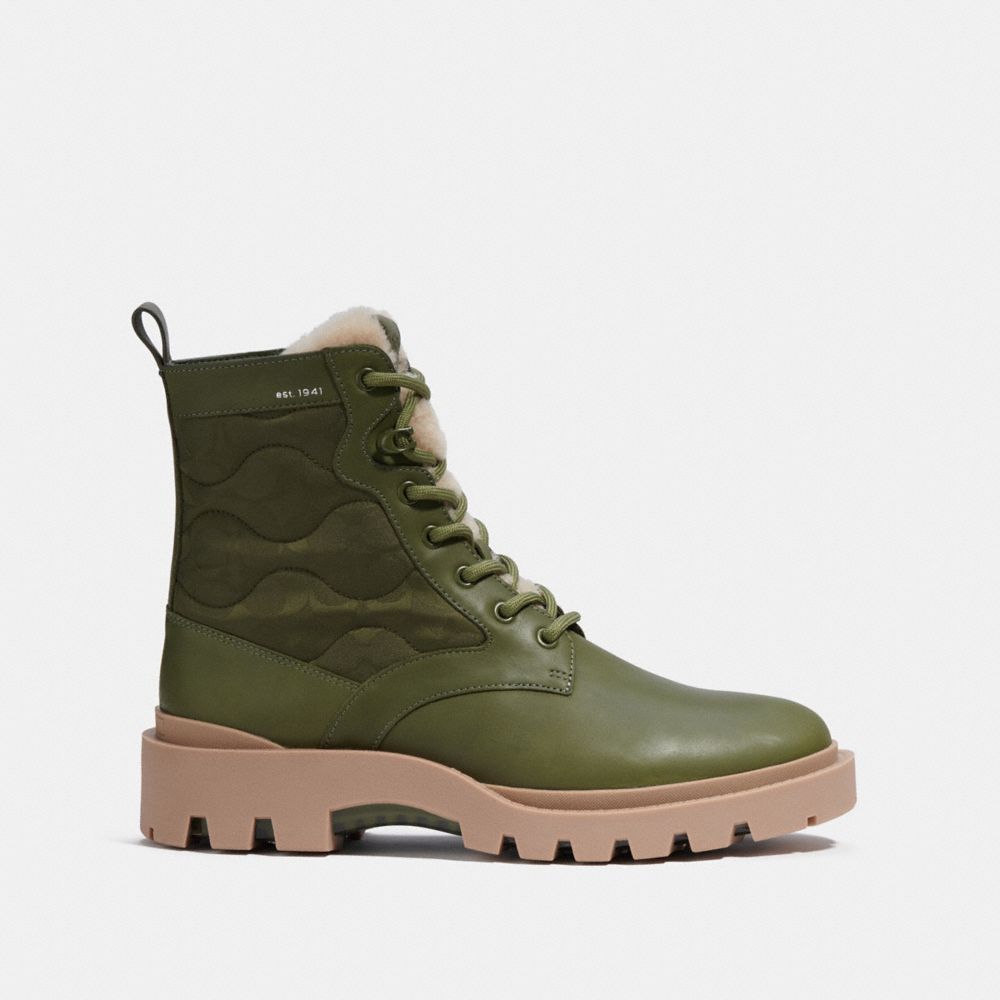 COACH®,CITYSOLE LACE UP BOOT WITH SHEARLING AND RECYCLED POLYESTER,Leather,Cactus,Angle View