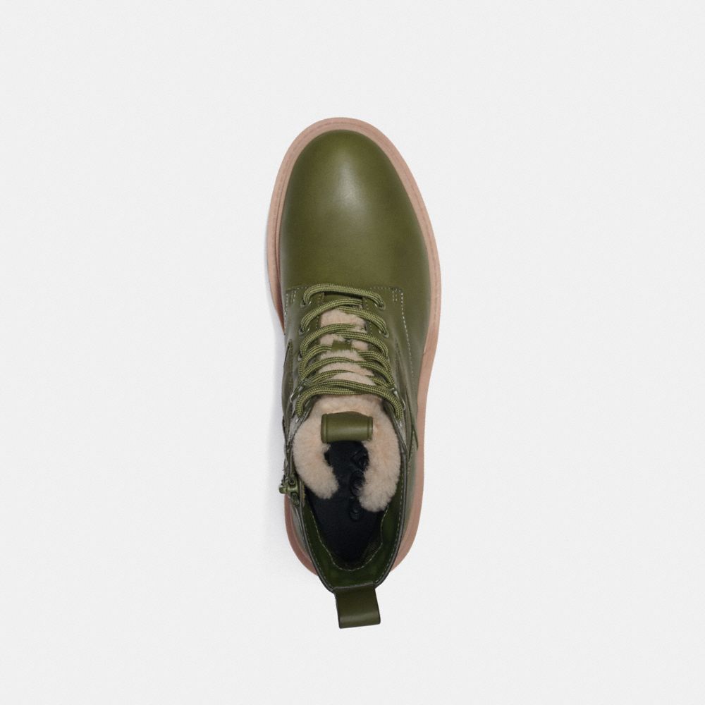 COACH®,CITYSOLE LACE UP BOOT WITH SHEARLING AND RECYCLED POLYESTER,Leather,Cactus,Inside View,Top View