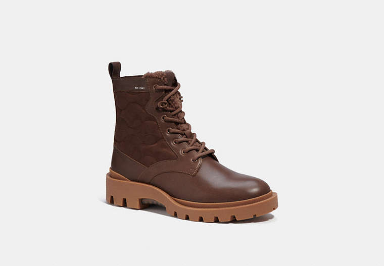 COACH®,CITYSOLE LACE UP BOOT WITH SHEARLING AND RECYCLED POLYESTER,Leather,Bison Brown,Front View