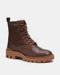 COACH®,CITYSOLE LACE UP BOOT WITH SHEARLING AND RECYCLED POLYESTER,Leather,Bison Brown,Front View