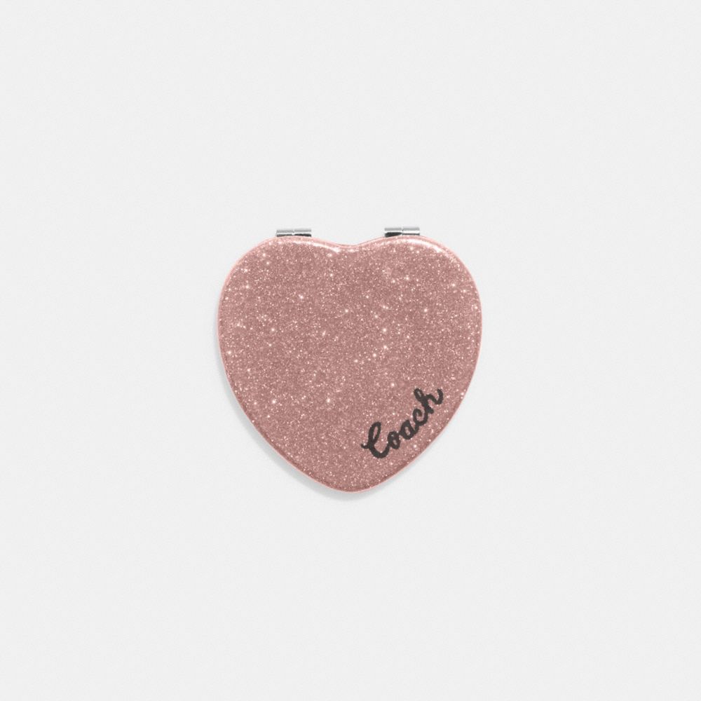COACH®,GLITTER HEART COMPACT,Silver/Dusty Rose,Front View