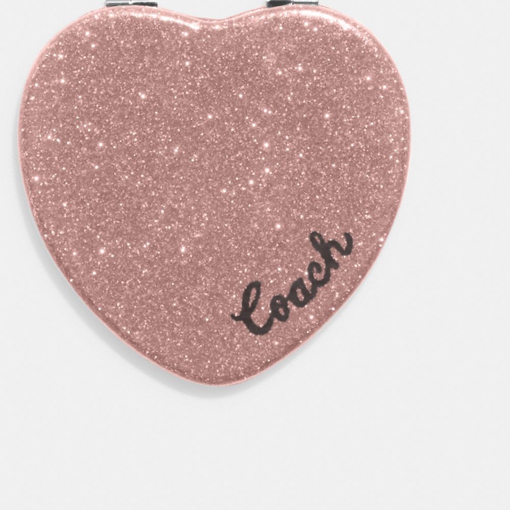 COACH®,GLITTER HEART COMPACT,Silver/Dusty Rose