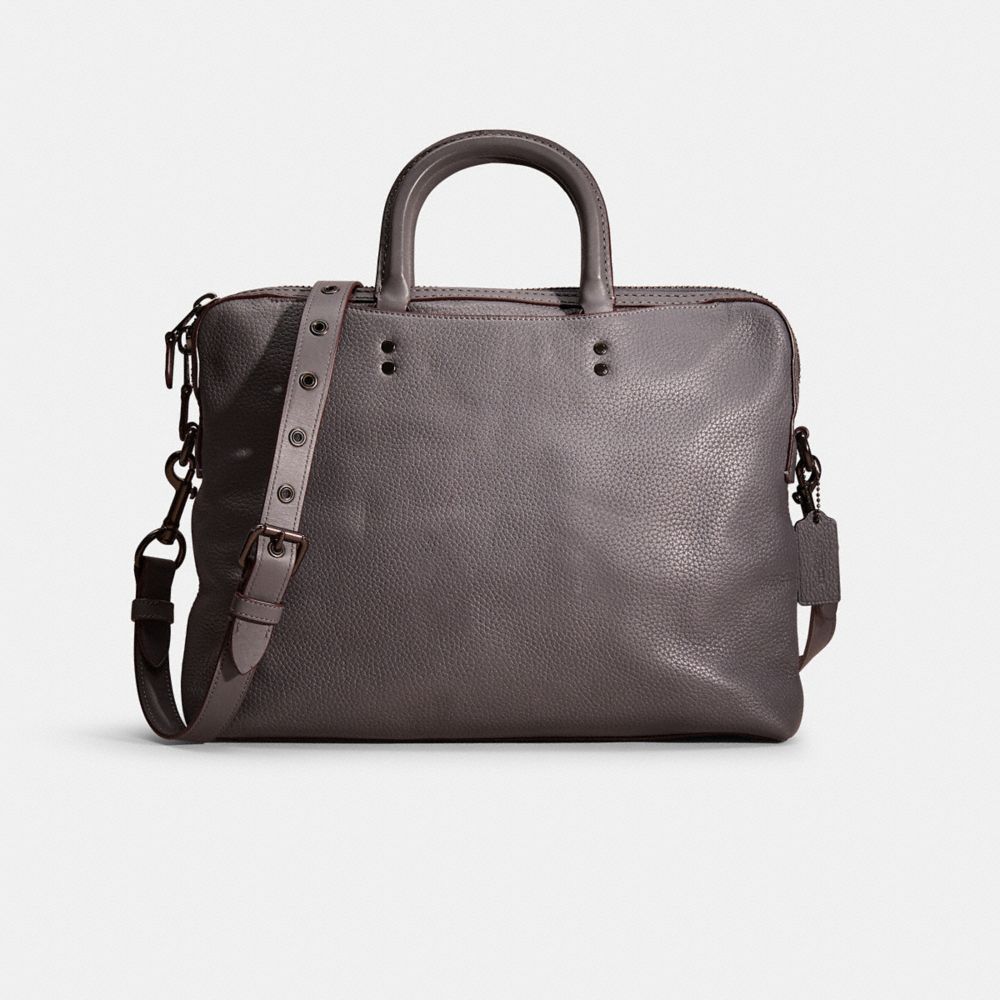 COACH®,RESTORED ROGUE SLIM BRIEF,Pebble Leather,Large,Black Copper/Grey,Front View