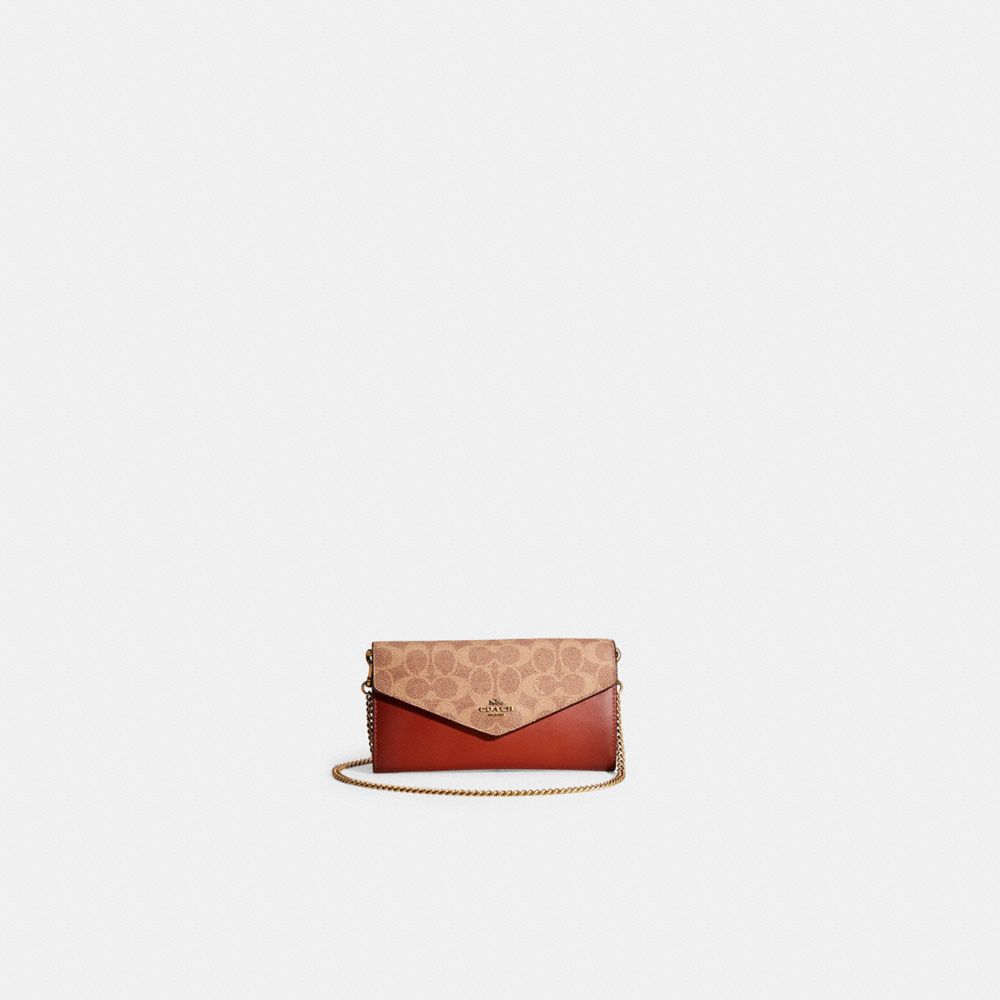 COACH®,Restored Envelope Chain Wallet In Colorblock Signature Canvas,Brown,Front View