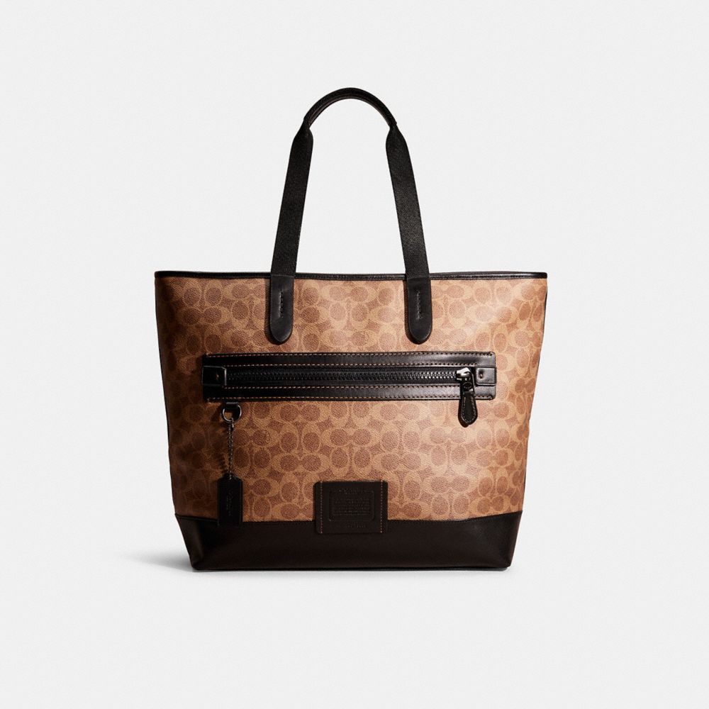 COACH®,Restored Academy Tote In Signature Canvas,Canvas,Leather,Tote,Color Block,Piping,Casual,Brown,Front View