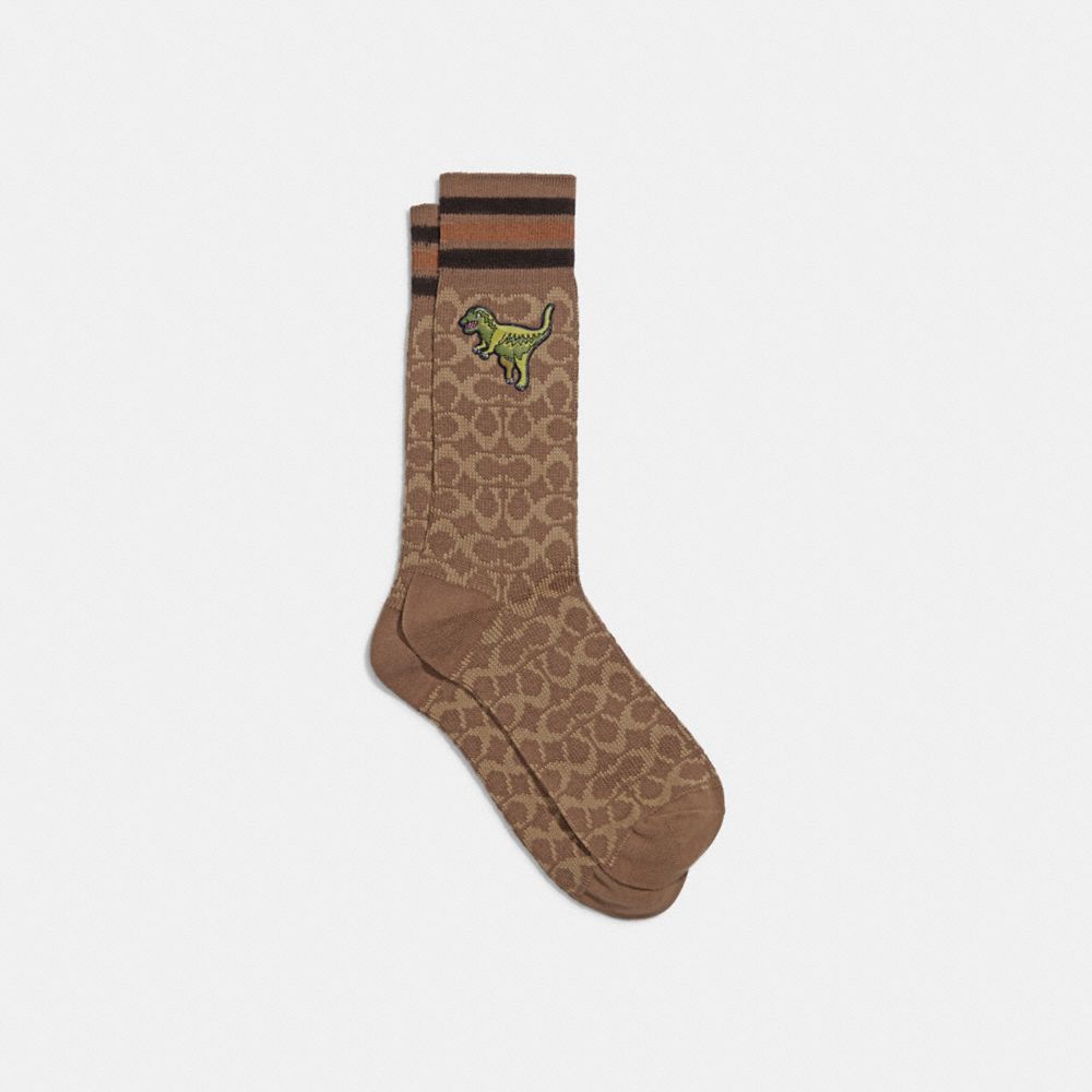 COACH®,SIGNATURE REXY SOCKS,Cotton/Polyester,Khaki,Front View