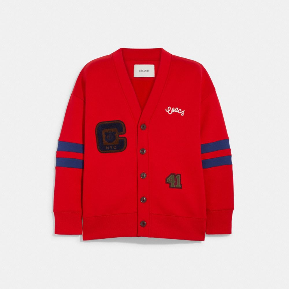 COACH®,VARSITY CARDIGAN,Cherry,Front View image number 0