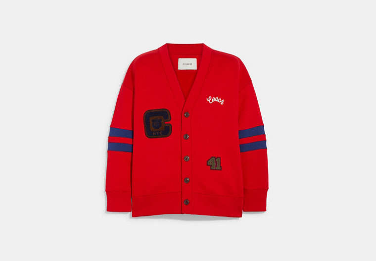COACH®,VARSITY CARDIGAN,Cotton/Polyester,Cherry,Front View