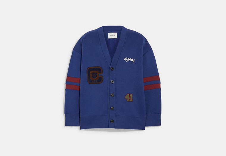 COACH®,VARSITY CARDIGAN,Cotton/Polyester,Deep Blue,Front View