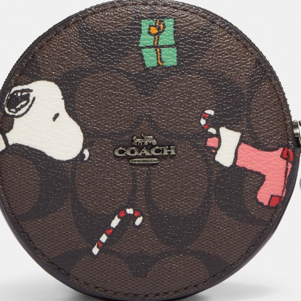 COACH®  Coach X Peanuts Round Coin Case With Snoopy Let It Snow Motif