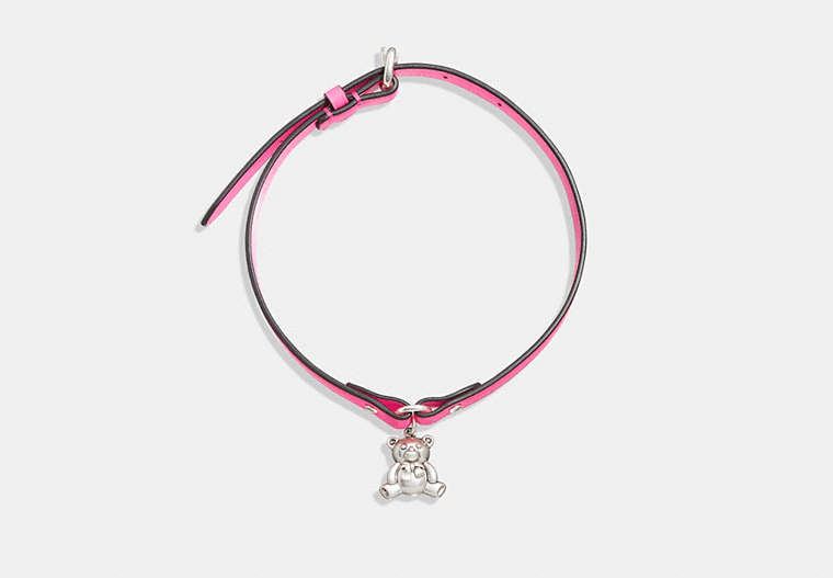 COACH®,TEDDY BEAR LEATHER CHOKER NECKLACE,Brass,Silver/Pink,Front View
