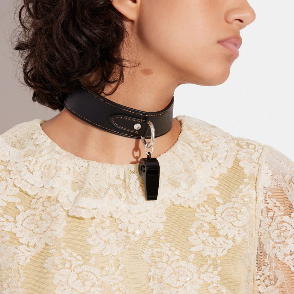 COACH®,WHISTLE LEATHER CHOKER NECKLACE,Black,Detail View