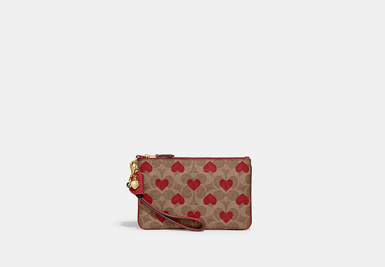 COACH®,SMALL WRISTLET IN SIGNATURE CANVAS WITH HEART PRINT,canvas,Brass/Tan Red Apple,Front View