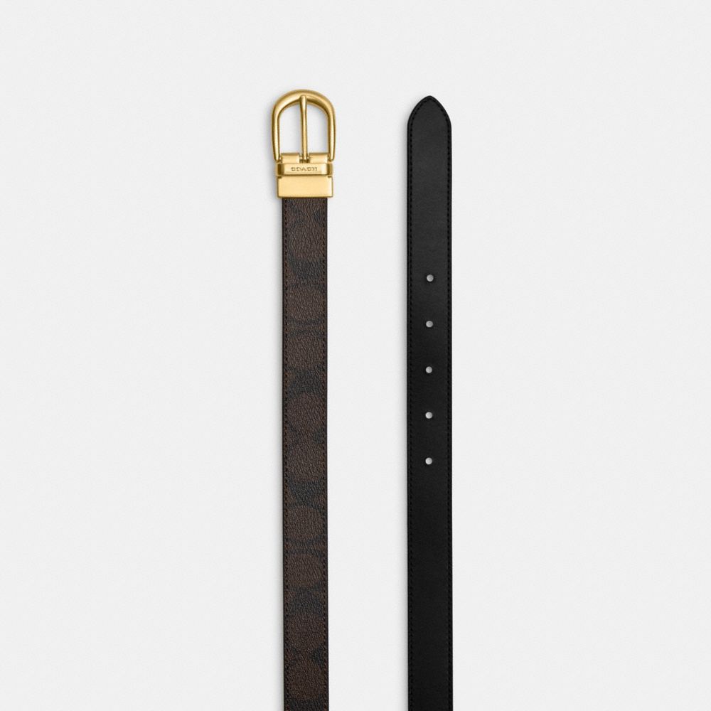 COACH®,Classic Buckle Cut To Size Reversible Belt, 25 Mm,Canvas,Leather,Standard,Logo,Reversible,Gold Metal,Work,Brown,Angle View