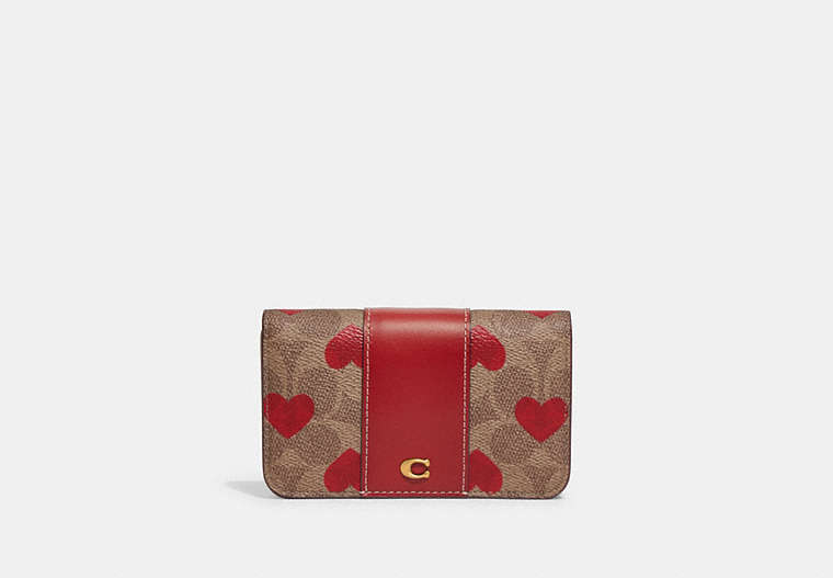 COACH®,SLIM CARD CASE IN SIGNATURE CANVAS WITH HEART PRINT,Signature Coated Canvas,Mini,Brass/Tan Red Apple,Front View