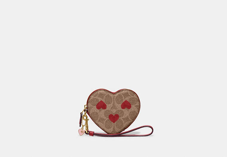 COACH®,HEART WRISTLET IN SIGNATURE CANVAS WITH HEART PRINT,Signature Coated Canvas,Mini,Brass/Tan Red Apple,Front View