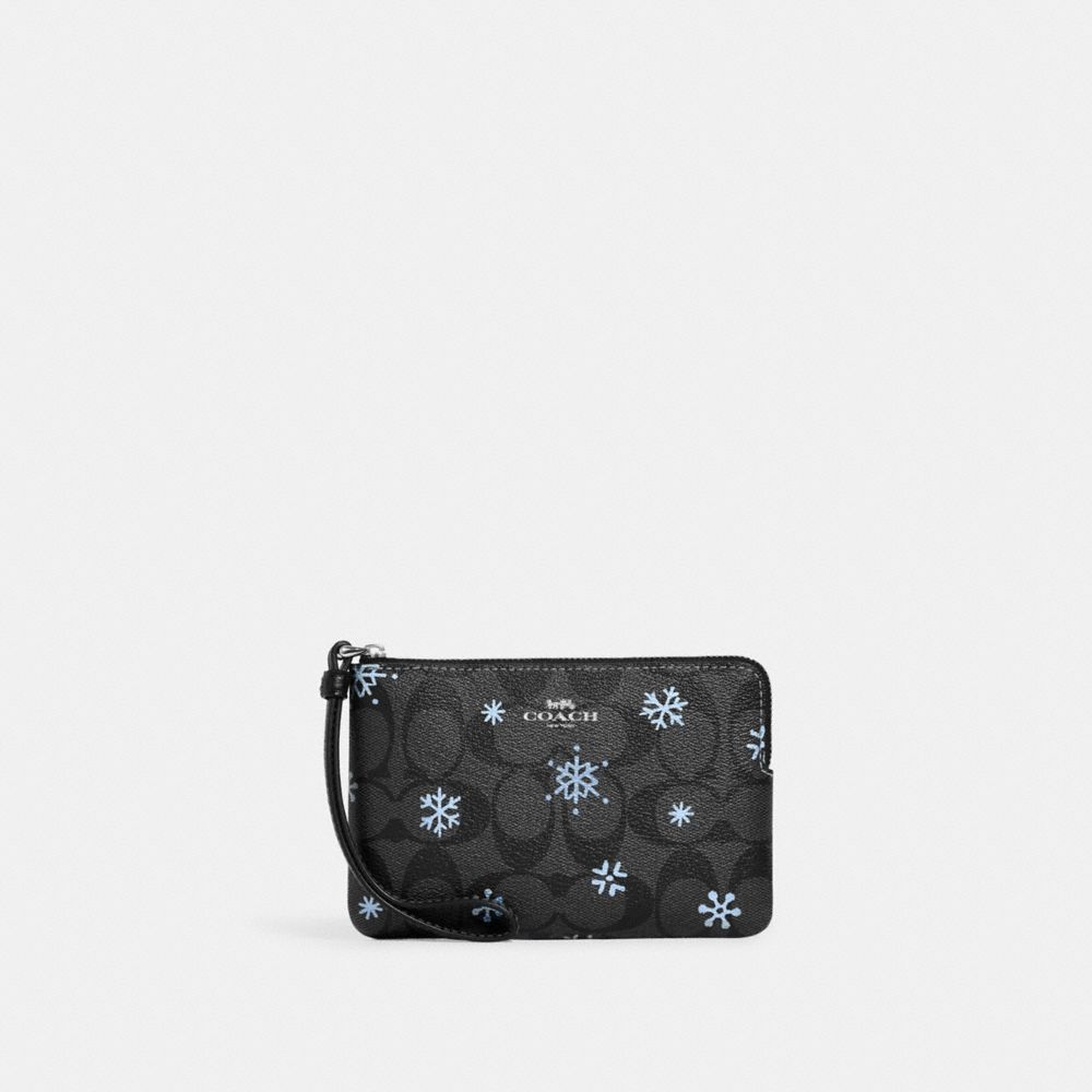 Silver Graphite Cornflower Multi Corner Zip Wristlet In Signature Canvas With Snowflake Print