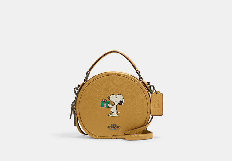 COACH®,COACH X PEANUTS CANTEEN CROSSBODY BAG WITH SNOOPY PRESENT MOTIF,Refined Pebble Leather,Small,Black Antique Nickel/Flax Multi,Front View
