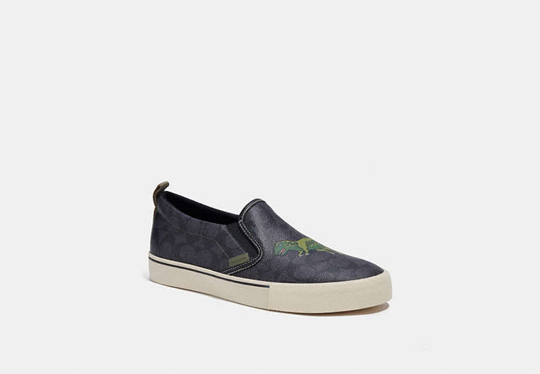 COACH®,SKATE SLIP ON SNEAKER IN SIGNATURE CANVAS WITH REXY,Signature Coated Canvas,Rexy,Black,Front View