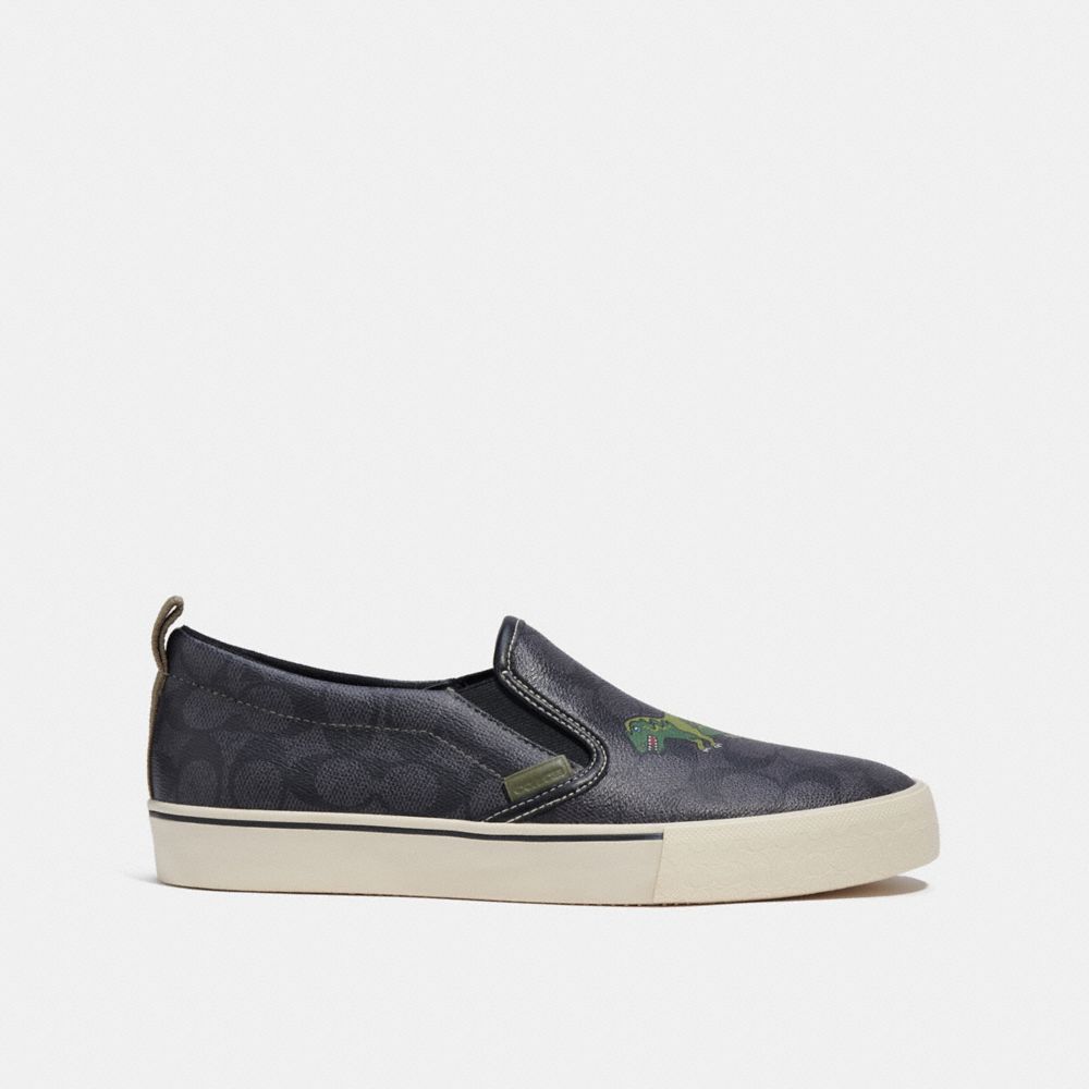 COACH®,SKATE SLIP ON SNEAKER IN SIGNATURE CANVAS WITH REXY,Signature Coated Canvas,Rexy,Black,Angle View