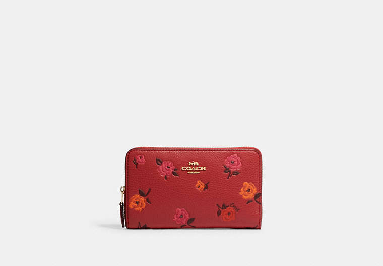 COACH®,MEDIUM ID ZIP WALLET WITH PEONY PRINT,Leather,Gold/Red Apple Multi,Front View