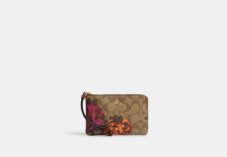 COACH®,CORNER ZIP WRISTLET IN SIGNATURE CANVAS WITH JUMBO FLORAL PRINT,Signature Coated Canvas,Mini,Gold/Khaki Multi,Front View
