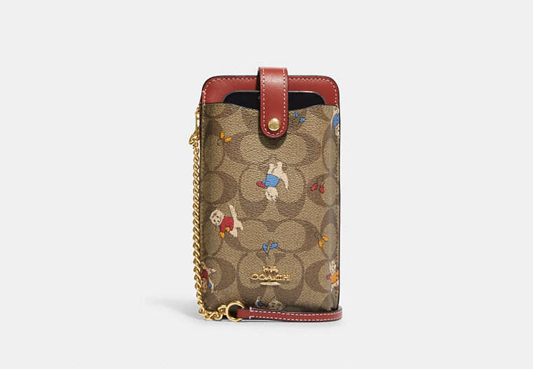 COACH®,PHONE CROSSBODY IN SIGNATURE CANVAS WITH CAT MITTENS PRINT,Signature Coated Canvas,Mini,Gold/Khaki Multi,Front View