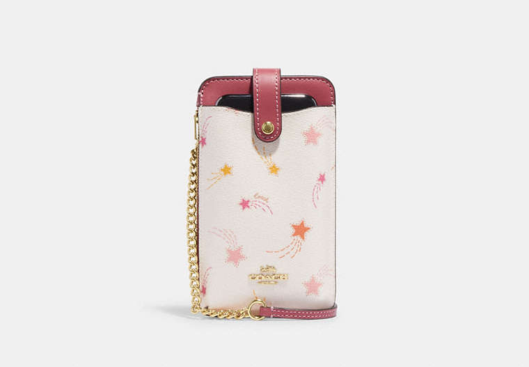 COACH®,PHONE CROSSBODY WITH SHOOTING STAR PRINT,Printed Coated Canvas,Mini,Gold/Chalk Multi,Front View