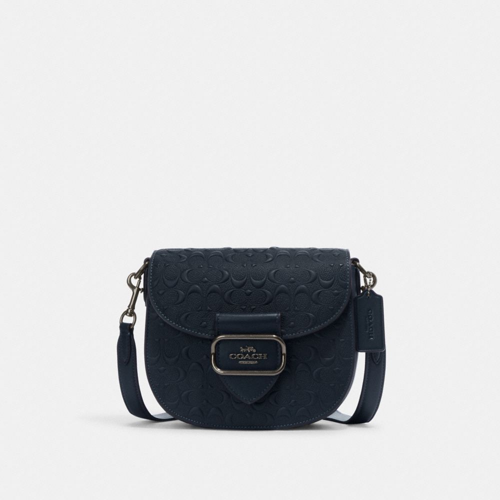 COACH®,MORGAN SADDLE BAG IN SIGNATURE LEATHER,Medium,Gunmetal/Midnight Navy,Front View