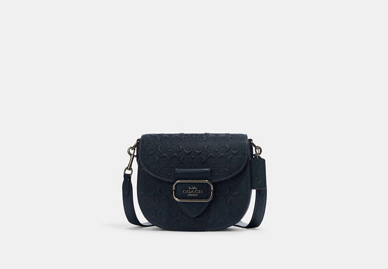 COACH®,MORGAN SADDLE BAG IN SIGNATURE LEATHER,Jacquard,Gunmetal/Midnight Navy,Front View