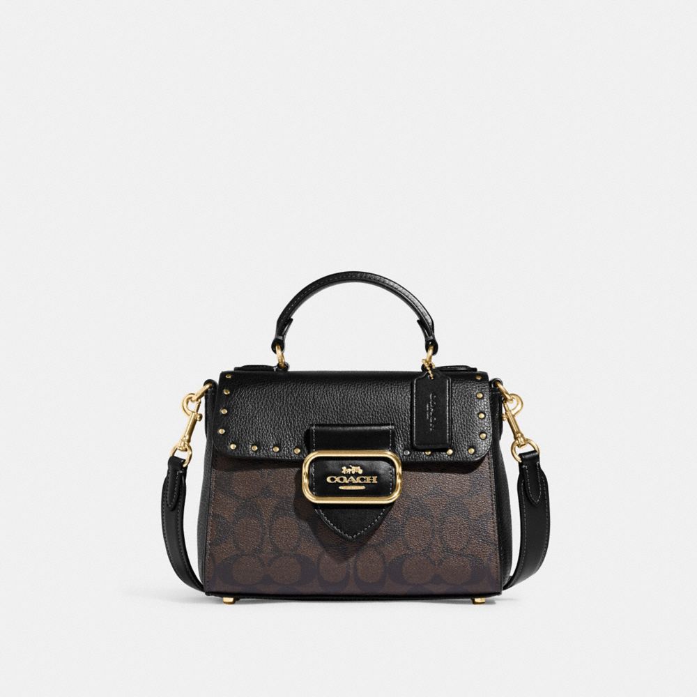 COACH®,MORGAN TOP HANDLE SATCHEL BAG IN COLORBLOCK SIGNATURE CANVAS WITH RIVETS,Medium,Gold/Brown Black Multi,Front View image number 0