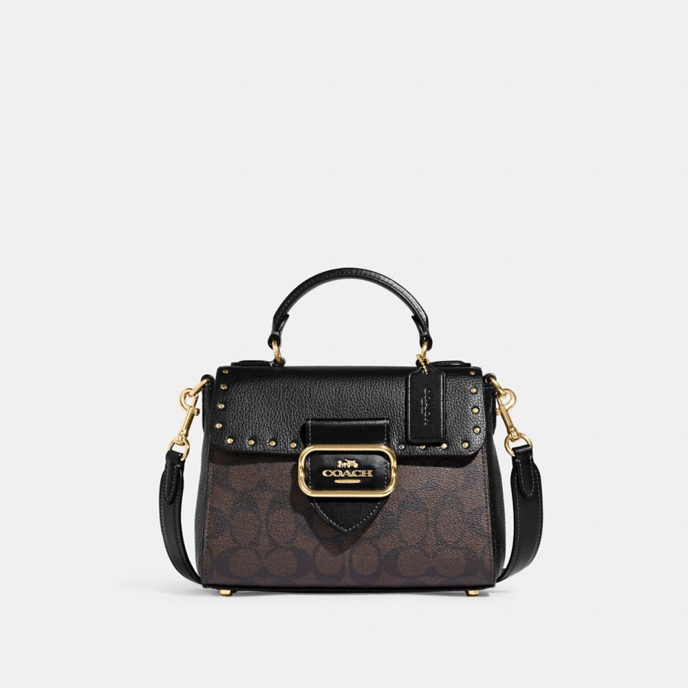 COACH®,MORGAN TOP HANDLE SATCHEL BAG IN COLORBLOCK SIGNATURE CANVAS WITH RIVETS,Medium,Gold/Brown Black Multi,Front View