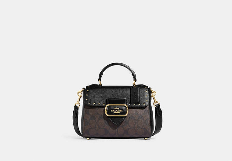 COACH®,TOP HANDLE SATCHEL IN COLORBLOCK SIGNATURE CANVAS WITH RIVETS,Small,Gold/Brown Black Multi,Front View