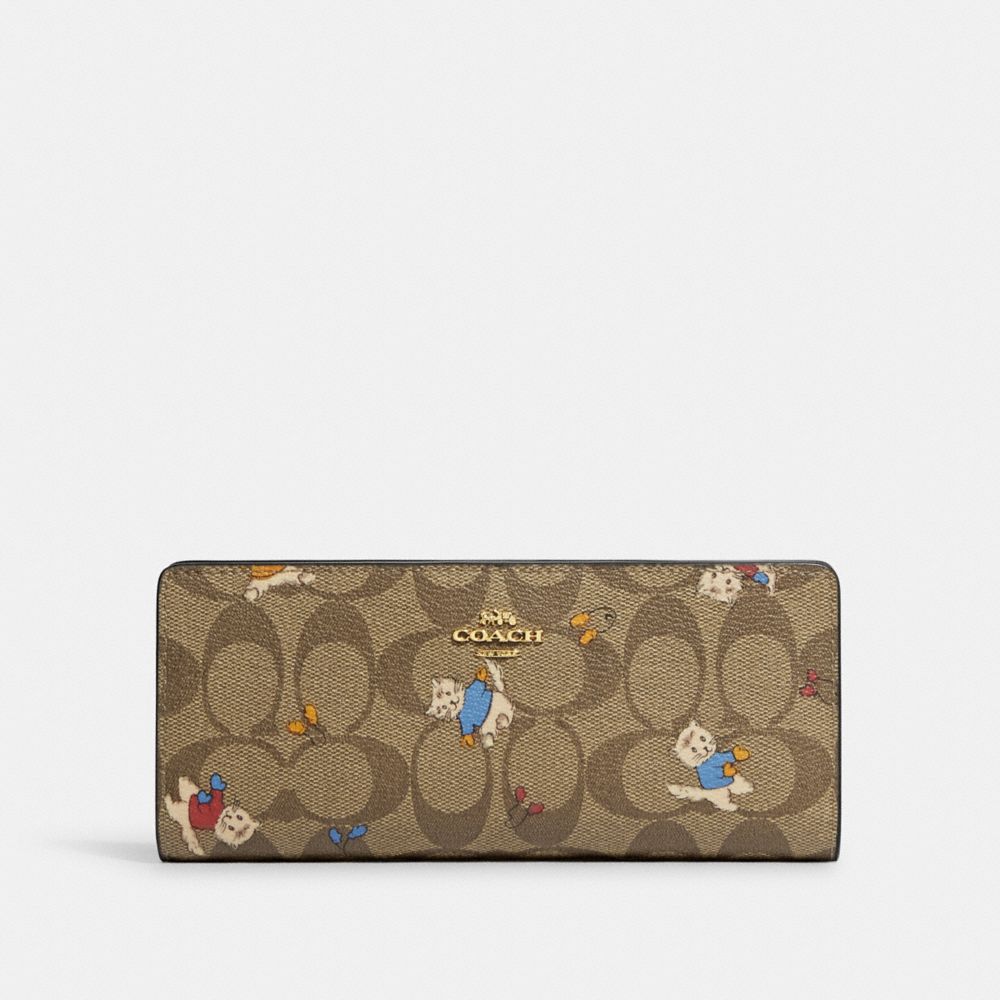 COACH®,SLIM WALLET IN SIGNATURE CANVAS WITH CAT MITTENS PRINT,Mini,Gold/Khaki Multi,Front View