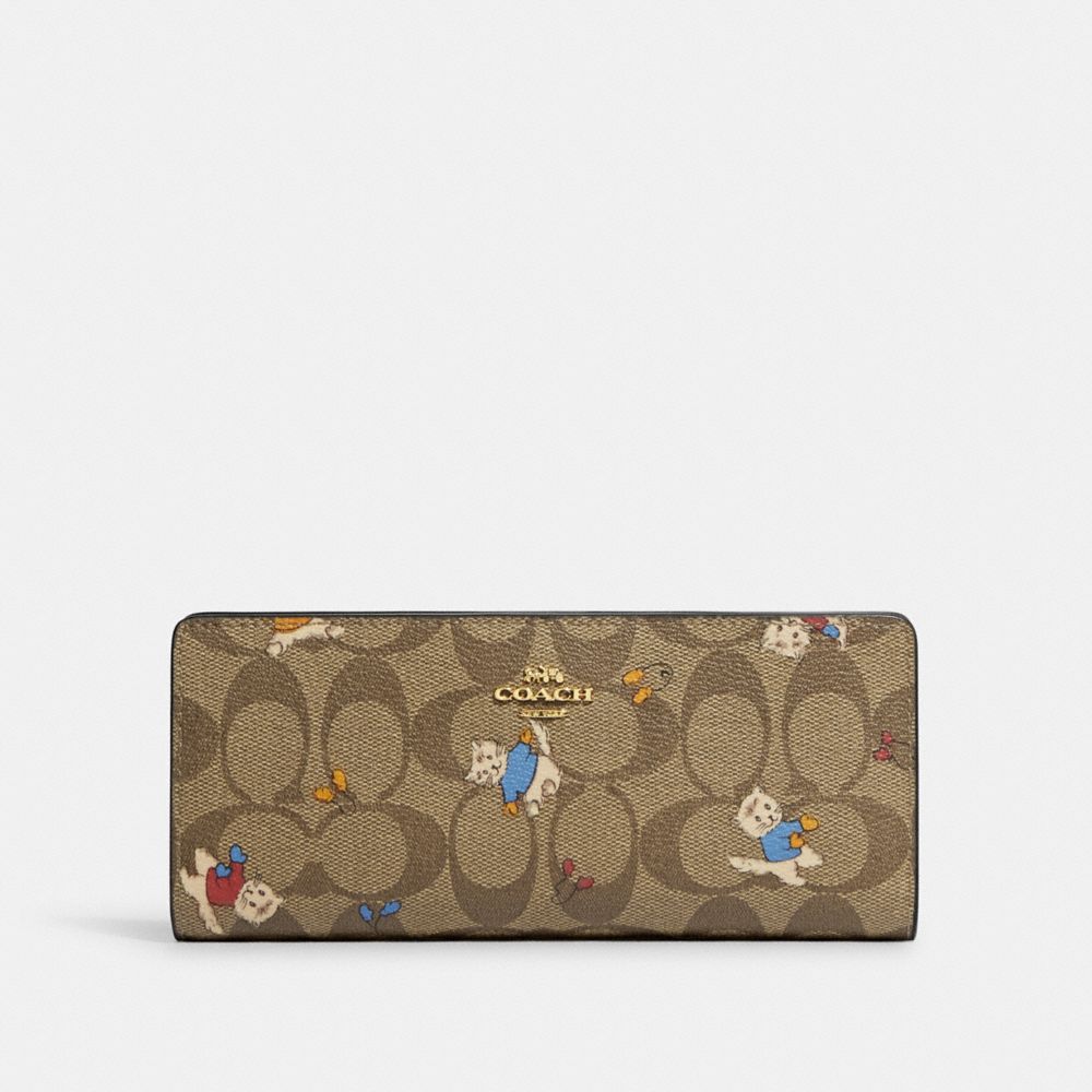 Gold Khaki Multi Slim Wallet In Signature Canvas With Cat Mittens Print