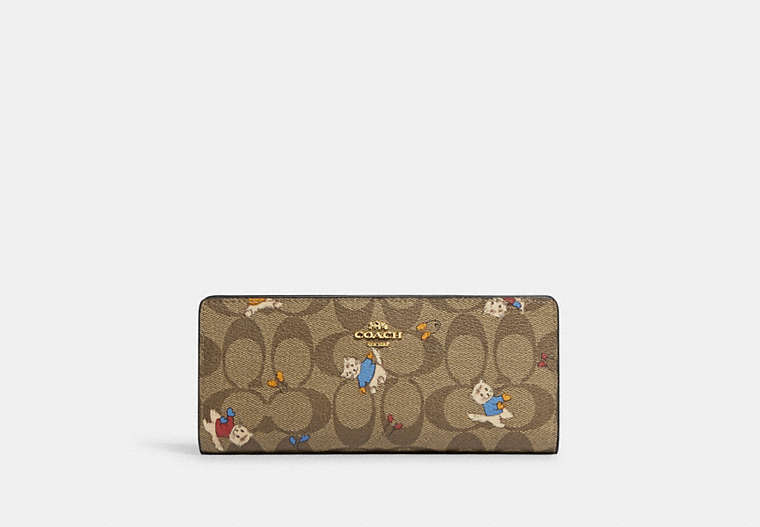 COACH®,SLIM WALLET IN SIGNATURE CANVAS WITH CAT MITTENS PRINT,Signature Coated Canvas,Gold/Khaki Multi,Front View