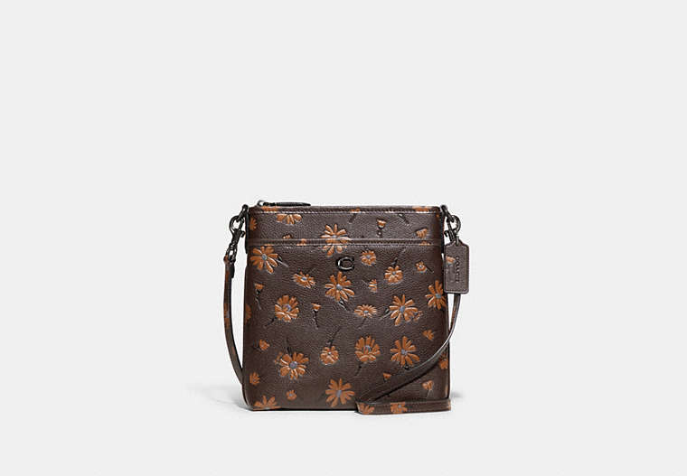 COACH®,KITT MESSENGER CROSSBODY BAG WITH FLORAL PRINT,Polished Pebble Leather,Small,Pewter/Multi,Front View