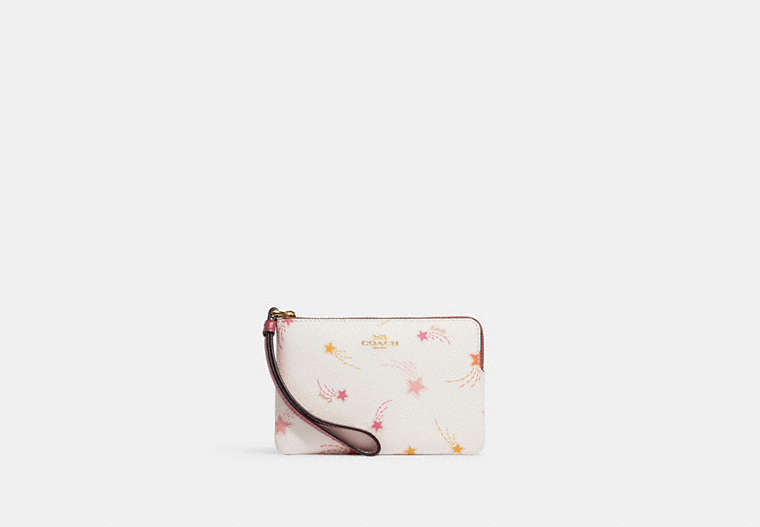 COACH®,CORNER ZIP WRISTLET WITH SHOOTING STAR PRINT,Printed Coated Canvas,Mini,Gold/Chalk Multi,Front View