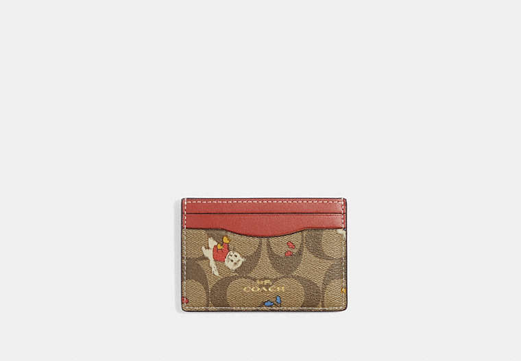 COACH®,CARD CASE IN SIGNATURE CANVAS WITH CAT MITTENS PRINT,Signature Coated Canvas,Gold/Khaki Multi,Front View