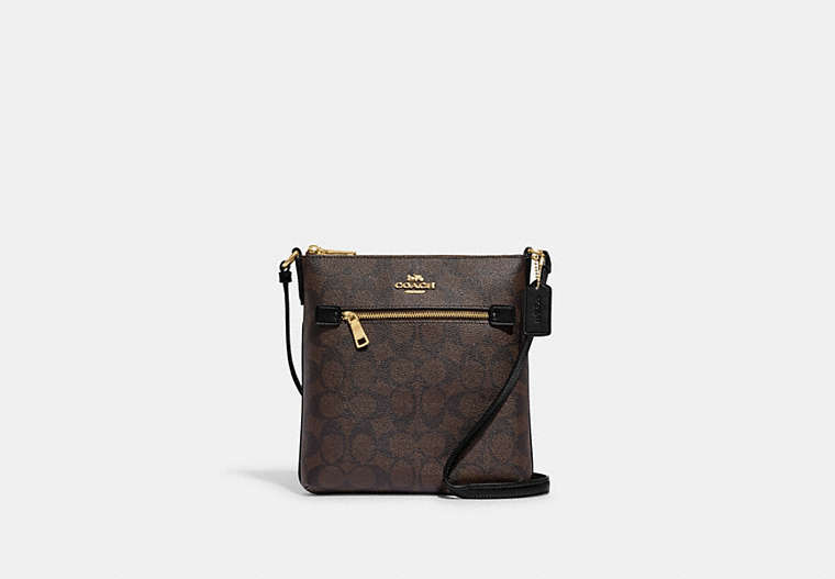COACH®,MINI ROWAN FILE BAG IN SIGNATURE CANVAS,Signature Coated Canvas,Small,Anniversary,Gold/Brown Black,Front View image number 0