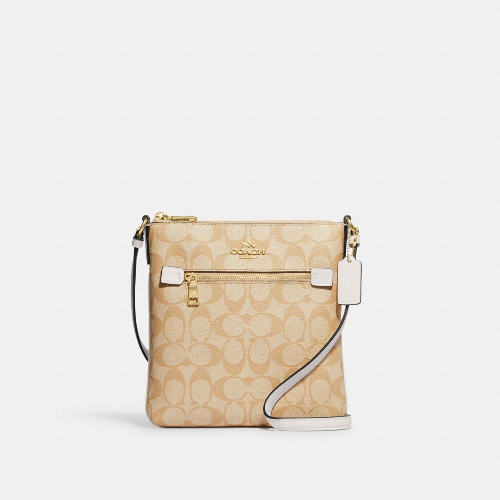 COACH®,MINI ROWAN FILE BAG IN SIGNATURE CANVAS,Signature Canvas,Anniversary,Gold/Light Khaki Chalk,Front View