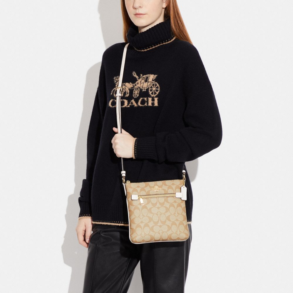 COACH®,Mini Rowan File Bag In Signature Canvas,Canvas,Leather,Crossbody,Logo,Gold Metal,Casual,Beige,Detail View