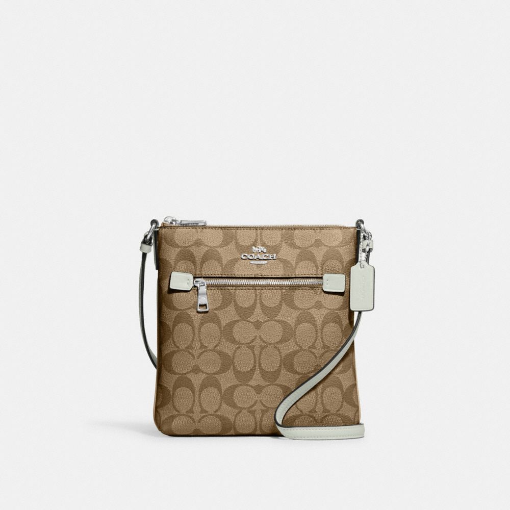 Coach Mini Rowan File Bag in Signature Canvas (Silver/Khaki/Tangerine)