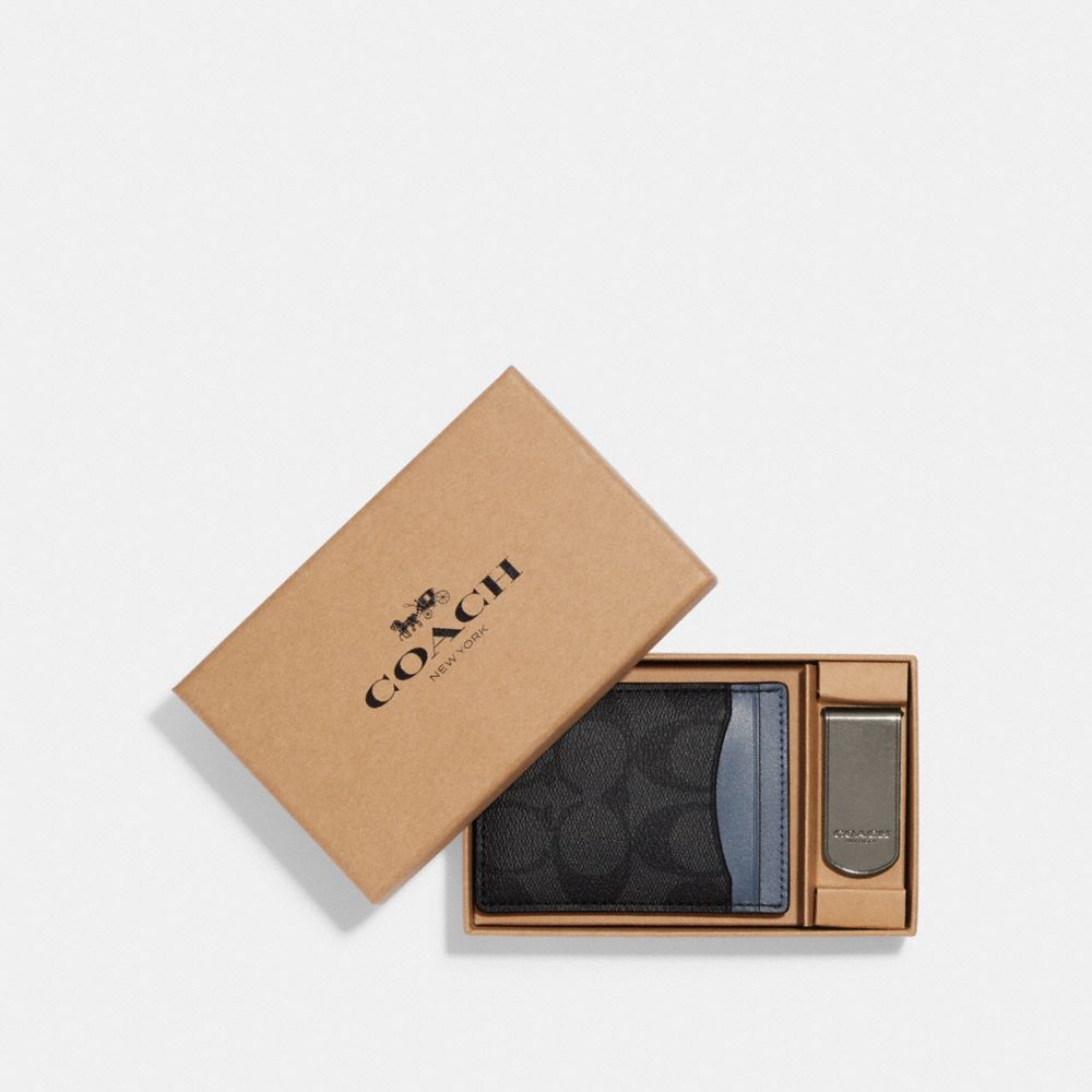 COACH®,BOXED 3-IN-1 CARD CASE GIFT SET IN COLORBLOCK SIGNATURE CANVAS,Gunmetal/Charcoal/Denim,Front View