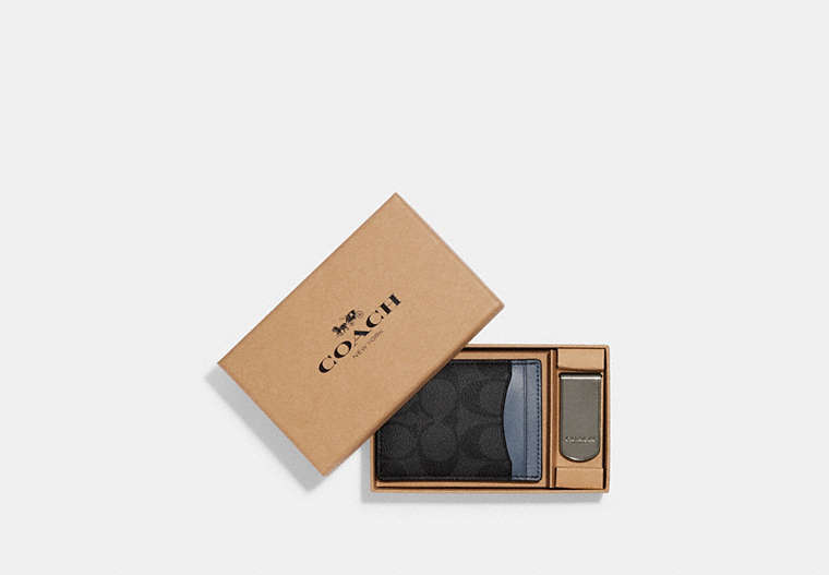 COACH®,BOXED 3-IN-1 CARD CASE GIFT SET IN COLORBLOCK SIGNATURE CANVAS,Signature Coated Canvas,Gunmetal/Charcoal/Denim,Front View