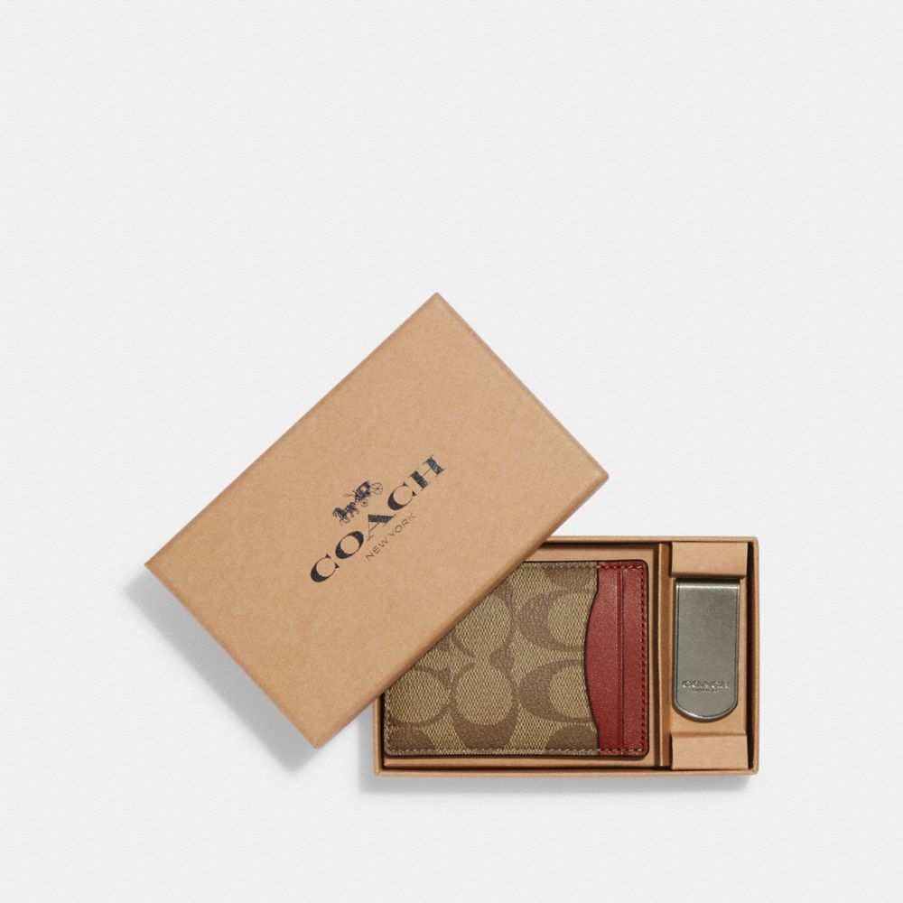 COACH®,BOXED 3-IN-1 CARD CASE GIFT SET IN COLORBLOCK SIGNATURE CANVAS,Signature Canvas,Black Antique Nickel/Khaki/Terracotta,Front View image number 0