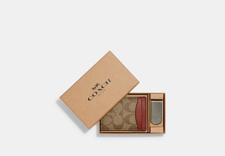 COACH®,BOXED 3-IN-1 CARD CASE GIFT SET IN COLORBLOCK SIGNATURE CANVAS,Signature Coated Canvas,Black Antique Nickel/Khaki/Terracotta,Front View image number 0