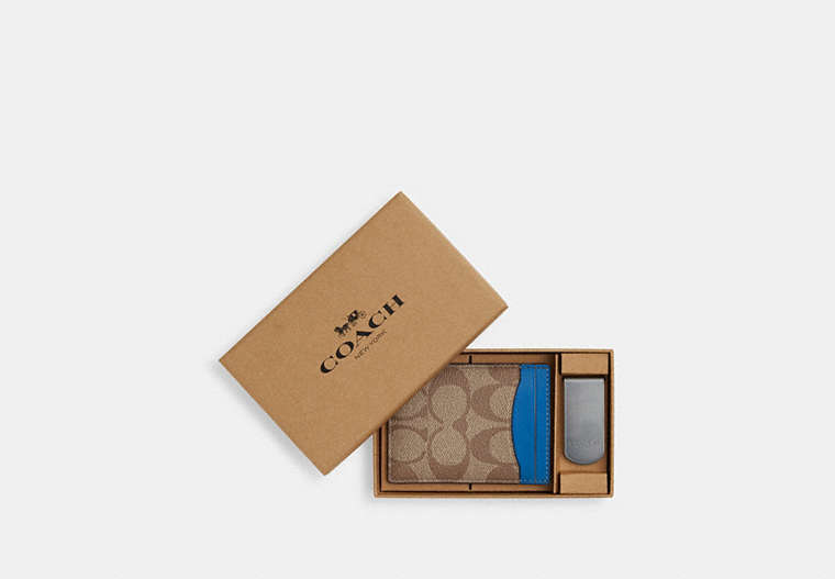 COACH®,BOXED 3-IN-1 CARD CASE GIFT SET IN COLORBLOCK SIGNATURE CANVAS,Signature Coated Canvas,Black Antique Nickel/Khaki/Bright Blue,Front View