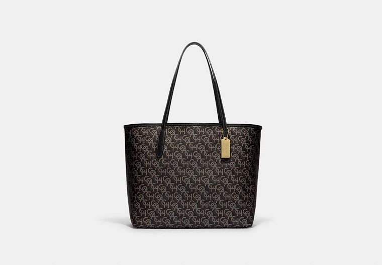 COACH®,CITY TOTE BAG WITH COACH MONOGRAM PRINT,Gold/Black,Front View