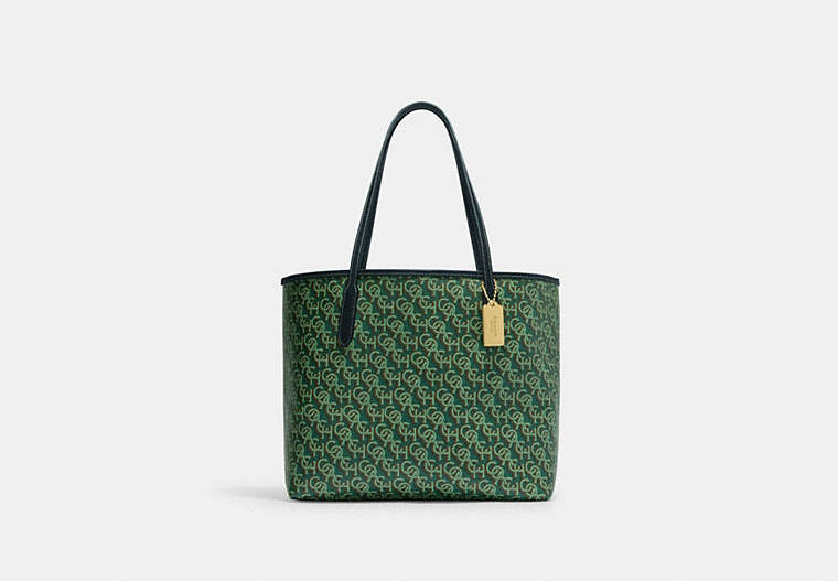 COACH®,CITY TOTE BAG WITH COACH MONOGRAM PRINT,Gold/Green,Front View